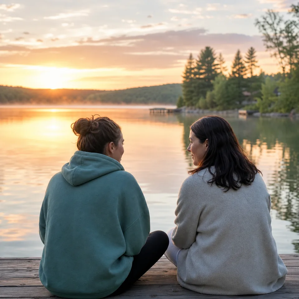 Two people sharing a quiet conversation beside a calm lake at sunrise